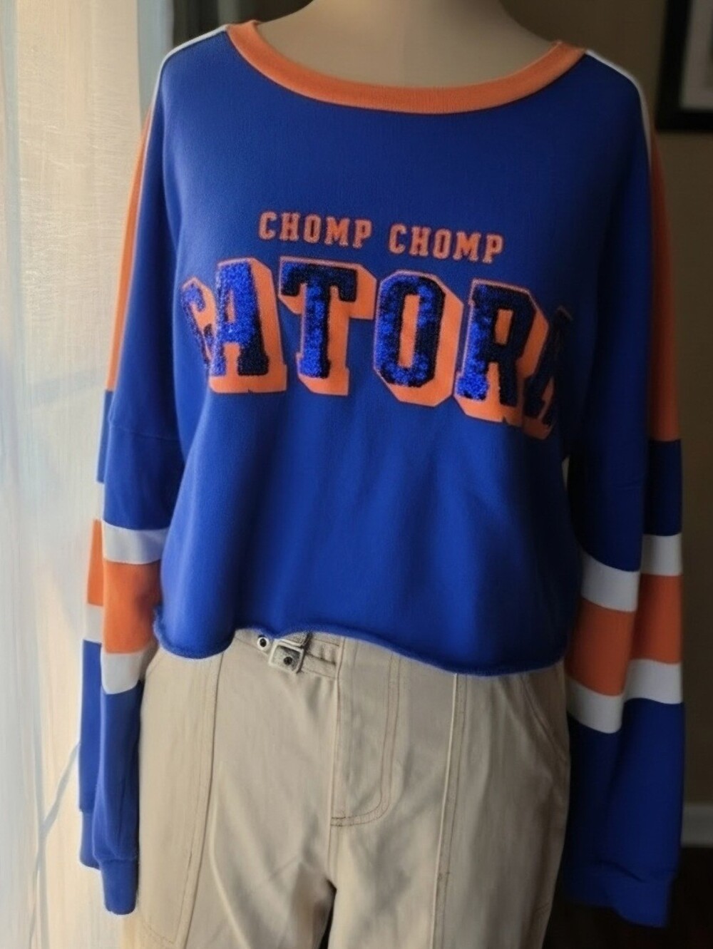 PINK Florida Gators Sequin Cropped Sweatshirt UF Blue Orange Game Day Size S